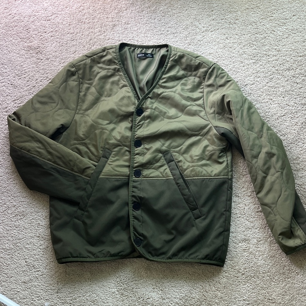 SHEIN Olive Green Quilted Lightweight Shirt Jacket